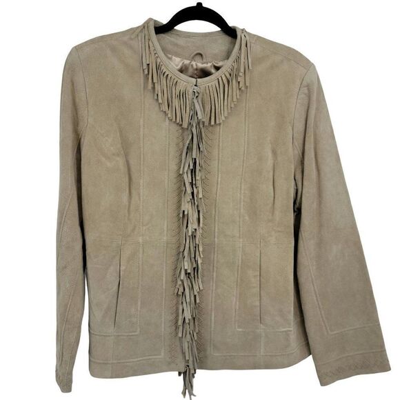 Vtg 80's Pamela McCoy Native American Fringed Leather Shacket Jacket Tan Sz L - Picture 15 of 15